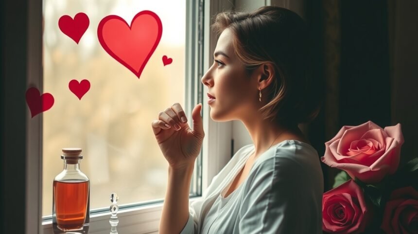 Nő, aki a szerelemre vár, szívek és rózsák mellett.