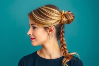 Egy női modell, aki oldalról bemutat egy gyors frizurát, laza konty és fonat kombinációban.