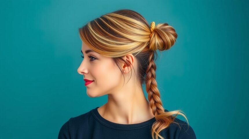 Gyors frizuraötletek időhiányos szépségápoláshoz 1 Egy női modell, aki oldalról bemutat egy gyors frizurát, laza konty és fonat kombinációban.