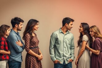 Különböző érzelmeket kifejező fiatalok párkapcsolati helyzetben.