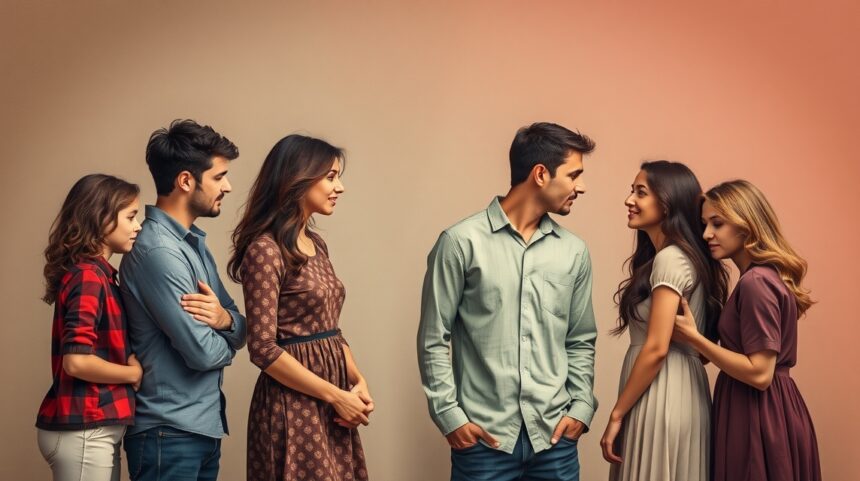 Különböző érzelmeket kifejező fiatalok párkapcsolati helyzetben.