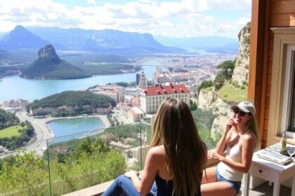 Két lány gyönyörködik a panorámás kilátásban egy hegyi helyszínen.