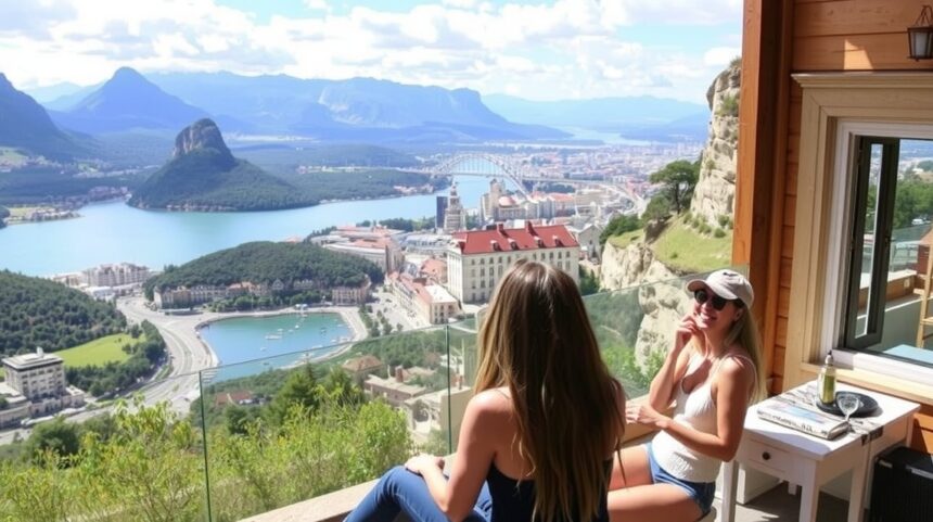 7 napos lányos kalandok 1 Két lány gyönyörködik a panorámás kilátásban egy hegyi helyszínen.