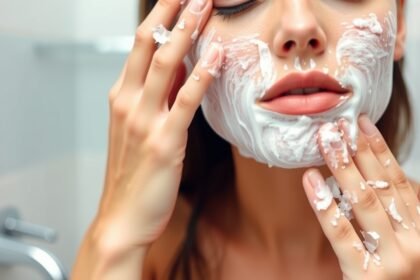 Nő arctisztító habot használva a fürdőszobában