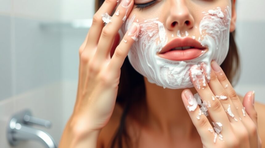 10 gyakori hiba az arctisztítás során 1 Nő arctisztító habot használva a fürdőszobában