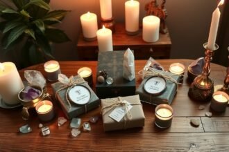 Gyönyörűen dekorált ajándékok és gyertyák egy spirituális környezetben.