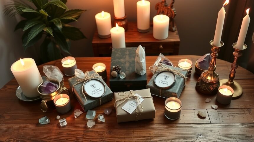 7 megfontolt ajándékötlet a legspirituálisabb barátaidnak 1 Gyönyörűen dekorált ajándékok és gyertyák egy spirituális környezetben.