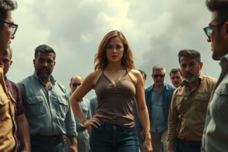 Erős személyiségű nő domináló pozícióban férfiak körében.