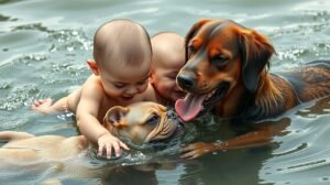 Kisbaba és vízimádó kutyák mosolygós pillanata a vízben