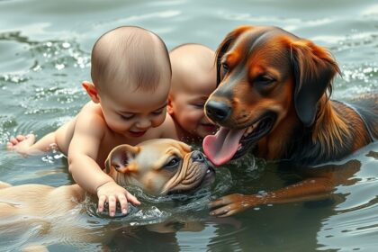 Kisbaba és vízimádó kutyák mosolygós pillanata a vízben