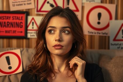 Nő figyelmeztető jelzésekkel körülvéve, a hűtlenség intő jeleit fontolgatva.