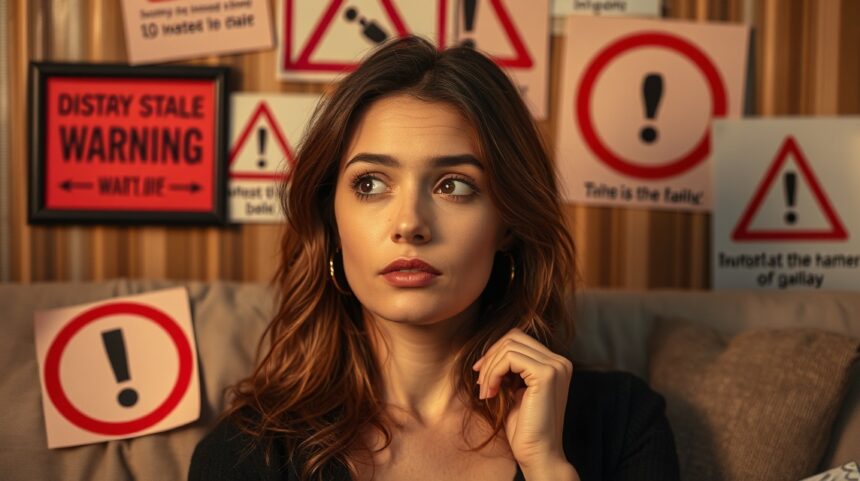 Nő figyelmeztető jelzésekkel körülvéve, a hűtlenség intő jeleit fontolgatva.