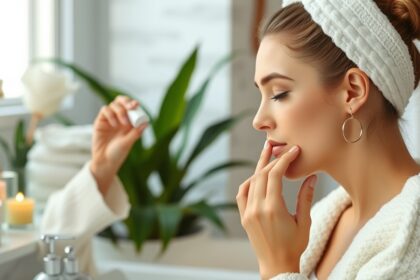 Nő bőrápolási rituálén, hidratáló krémet alkalmazva.