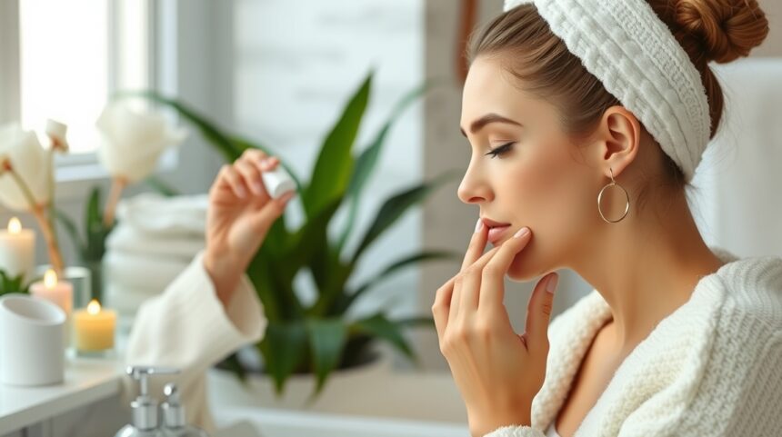 Nő bőrápolási rituálén, hidratáló krémet alkalmazva.