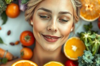 Fiatal nő zöldségekkel és gyümölcsökkel, bőrápolás.