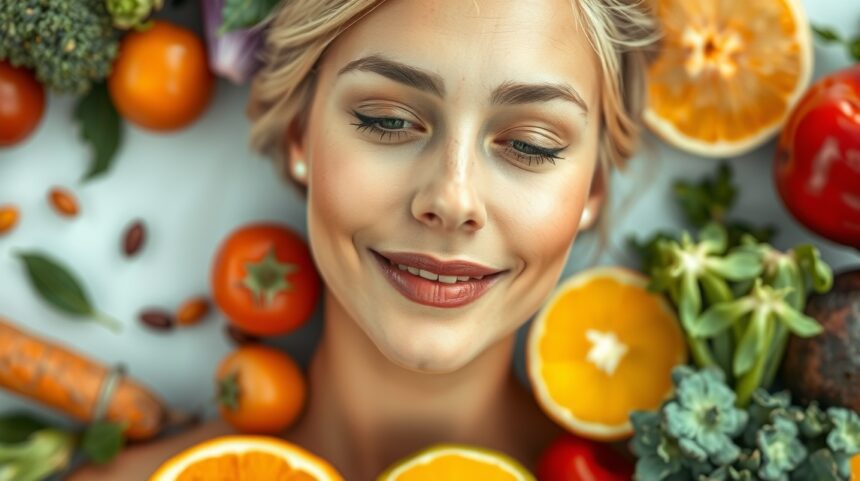 A leghatékonyabb bőrre ható antioxidánsok 1 Fiatal nő zöldségekkel és gyümölcsökkel, bőrápolás.