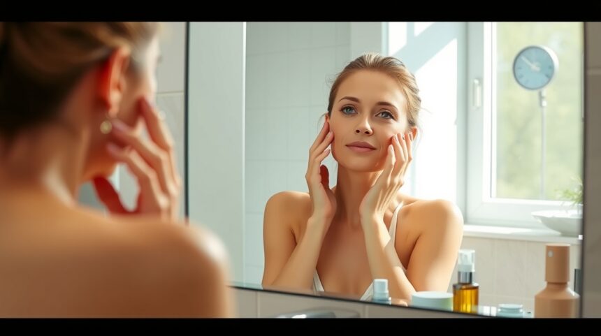 A bőrápolás alapjai: Minden, amit tudnod kell, ha most kezded. 1 Nő bőrápolás közben a tükör előtt, egészségügyi és szépségápolási termékekkel.