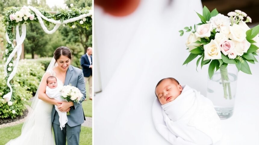 Baba érkezése és esküvő: Tippek az ünnep szervezéséhez és élvezéséhez 1 Baba és menyasszony az esküvői szertartáson, virágcsokorral.