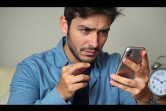 Férfi telefonját nézi, lassú válaszadási dilemmával küzd.