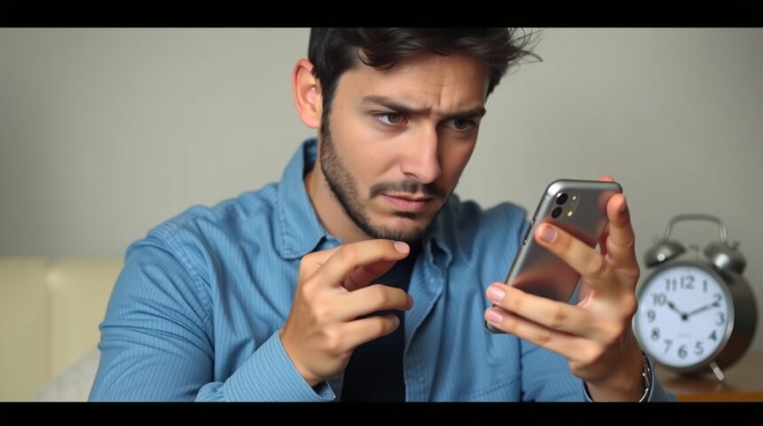 Férfi telefonját nézi, lassú válaszadási dilemmával küzd.