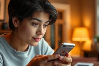 Fiatal nő okostelefonnal, közösségi média történetek nézése.