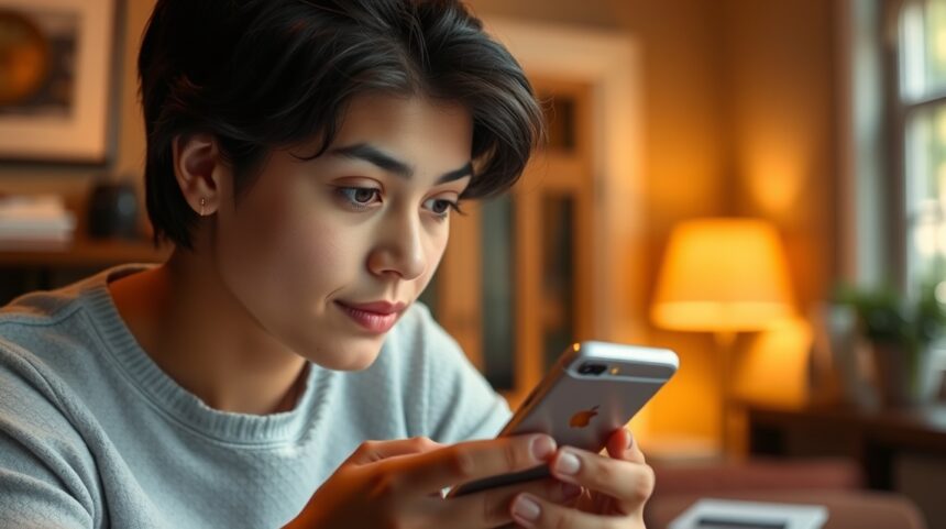 Fiatal nő okostelefonnal, közösségi média történetek nézése.