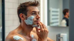 Férfi bőrápolás közben, arctisztító habbal az arcon.