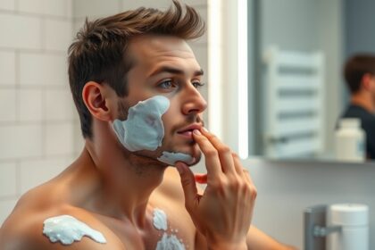 Férfi bőrápolás közben, arctisztító habbal az arcon.