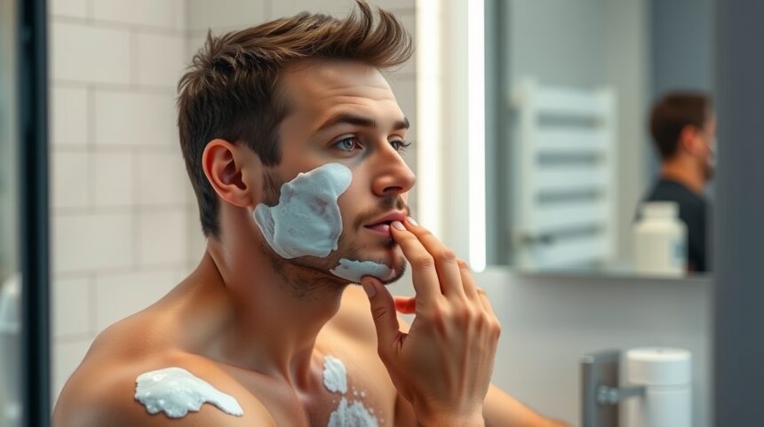 Férfi szépségápolás: Miért fontos és hogyan kezdjünk bele? 1 Férfi bőrápolás közben, arctisztító habbal az arcon.