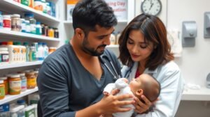 Baba orvosi rendelőben szülőkkel, gyógyszerek között.