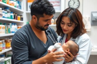 Baba orvosi rendelőben szülőkkel, gyógyszerek között.