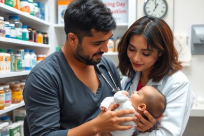 Baba orvosi rendelőben szülőkkel, gyógyszerek között.