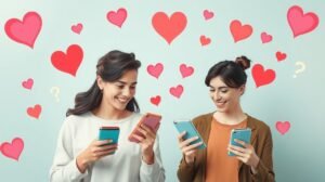 Két nő okostelefonokat használ, szív ikonokkal körülvéve.