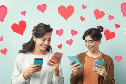 Két nő okostelefonokat használ, szív ikonokkal körülvéve.