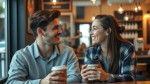 womensway 130 Párbeszéd egy fiúval kávézóban, érdeklődés és jókedv.