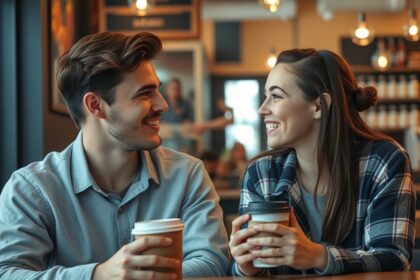 Párbeszéd egy fiúval kávézóban, érdeklődés és jókedv.