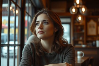 Egy nő a kávézóban a jövőn töprengve, békülési jelekre várva.