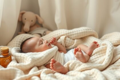 Csecsemő békésen alszik takaró alatt, körülötte babaolaj és plüssállat.