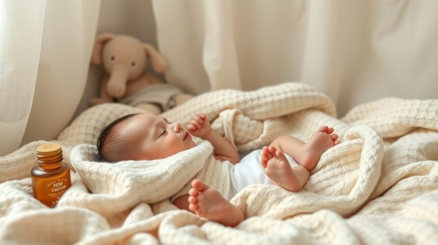 Segítség a hasfájós babának: Természetes és orvosi megoldások 1 Csecsemő békésen alszik takaró alatt, körülötte babaolaj és plüssállat.