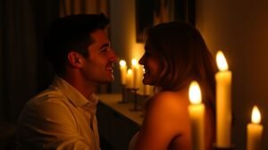 Romantikus pillanat gyertyafényben egy pár között