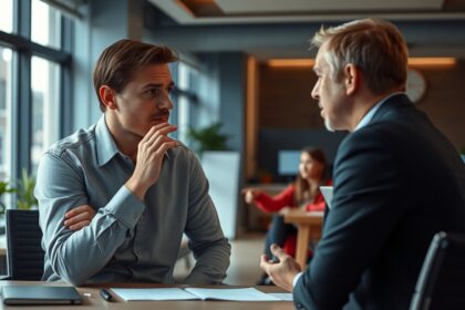 Két férfi beszélget egy vitás helyzet után egy irodában.