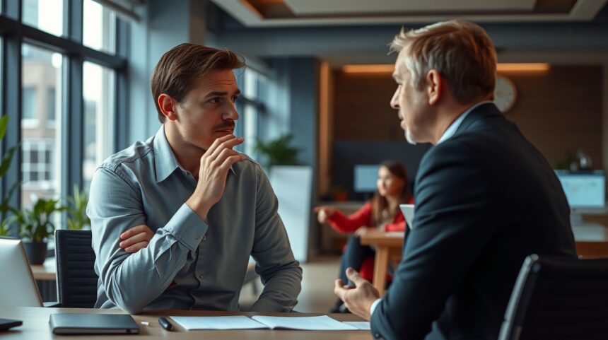 Két férfi beszélget egy vitás helyzet után egy irodában.