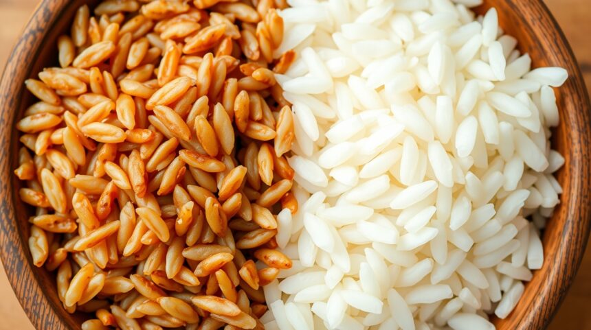 Barna és fehér rizs összehasonlítása egy tálban.