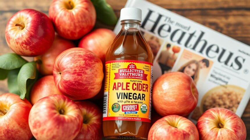 Almaecet palack friss almák között egy egészséges életmódhoz