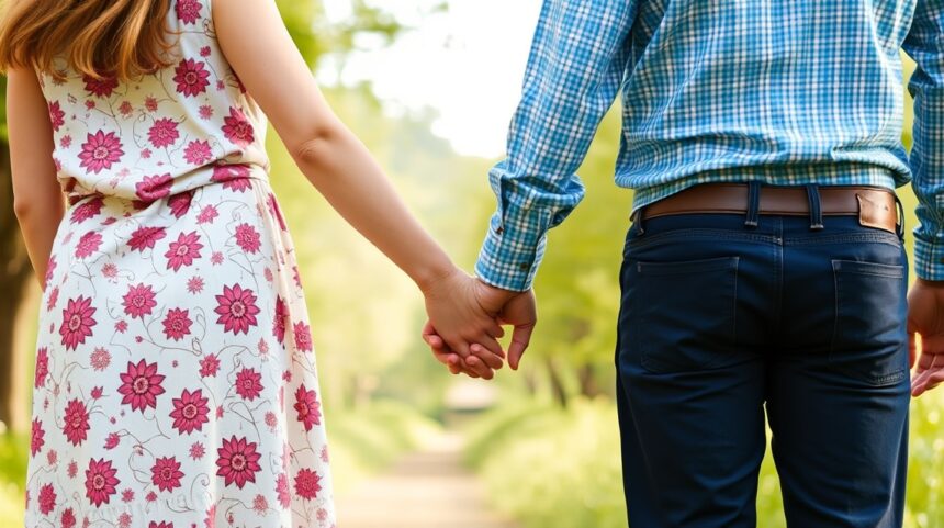 Egy pár kézen fogva sétál egy zöld pázsiton, a kapcsolat erősítésének szimbóluma.