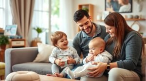 Család együtt a gyerekszobában, boldogság és szeretet az új kistestvér érkezése előtt.