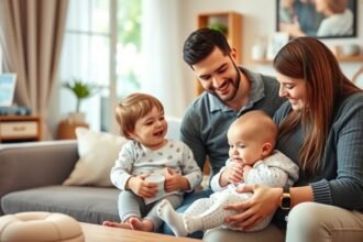 Család együtt a gyerekszobában, boldogság és szeretet az új kistestvér érkezése előtt.