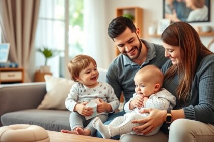 Család együtt a gyerekszobában, boldogság és szeretet az új kistestvér érkezése előtt.