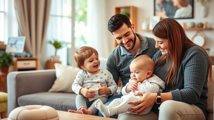 Hogyan közöljük a gyermekkel, hogy kistestvére érkezik? 1 Család együtt a gyerekszobában, boldogság és szeretet az új kistestvér érkezése előtt.