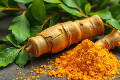Kurkuma gyöker és por friss levelekkel körülvéve.